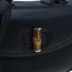 Pre Owned Gucci Black Leather Large Bamboo Top Handle Bag