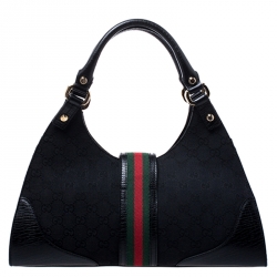 Pre Owned Gucci Black Fabric And Leather GG Supreme Web Hobo