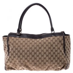Pre Owned Gucci Beige/Brown GG Canvas and Leather D Ring Tote