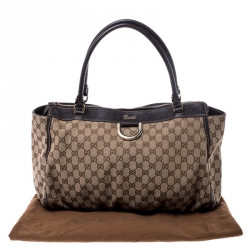 Pre Owned Gucci Beige/Brown GG Canvas and Leather D Ring Tote