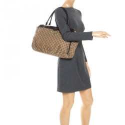 Pre Owned Gucci Beige/Brown GG Canvas and Leather D Ring Tote