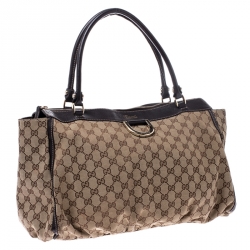 Pre Owned Gucci Beige/Brown GG Canvas and Leather D Ring Tote