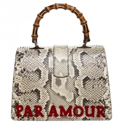Pre Owned Gucci Cream Embroidered Python Medium Dionysus Bamboo Top Handle Bag 