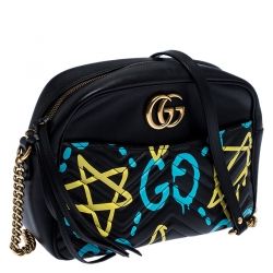 Pre Owned Gucci Black Graffiti Leather GG Marmont Gucci Ghost Shoulder Bag
