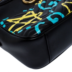 Pre Owned Gucci Black Graffiti Leather GG Marmont Gucci Ghost Shoulder Bag