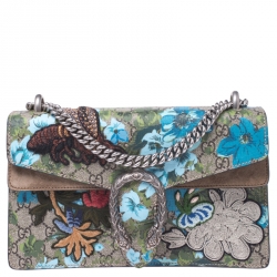 Pre Owned Gucci Beige GG Supreme Canvas Embroidered Bird/Flowers Small Dionysus Shoulder Bag