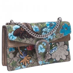 Pre Owned Gucci Beige GG Supreme Canvas Embroidered Bird/Flowers Small Dionysus Shoulder Bag