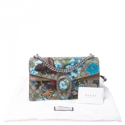 Pre Owned Gucci Beige GG Supreme Canvas Embroidered Bird/Flowers Small Dionysus Shoulder Bag