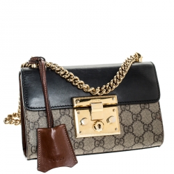 Pre Owned Gucci Black/Beige Leather and GG Supreme Canvas Small Padlock Shoulder Bag