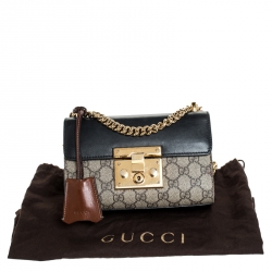 Pre Owned Gucci Black/Beige Leather and GG Supreme Canvas Small Padlock Shoulder Bag