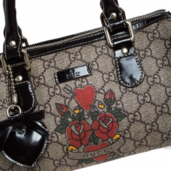 Pre Owned Gucci Dark Brown/Beige Heart Tattoo GG Supreme Canvas and Leather Small Joy Boston Bag