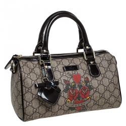 Pre Owned Gucci Dark Brown/Beige Heart Tattoo GG Supreme Canvas and Leather Small Joy Boston Bag