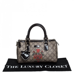 Pre Owned Gucci Dark Brown/Beige Heart Tattoo GG Supreme Canvas and Leather Small Joy Boston Bag
