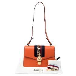 Pre Owned Gucci Orange Small Leather Web Chain Sylvie Shoulder Bag