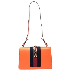 Pre Owned Gucci Orange Small Leather Web Chain Sylvie Shoulder Bag