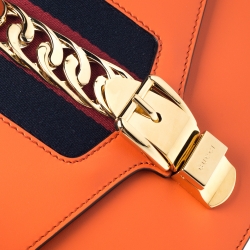 Pre Owned Gucci Orange Small Leather Web Chain Sylvie Shoulder Bag