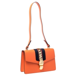 Pre Owned Gucci Orange Small Leather Web Chain Sylvie Shoulder Bag