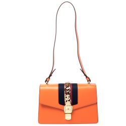 Pre Owned Gucci Orange Small Leather Web Chain Sylvie Shoulder Bag