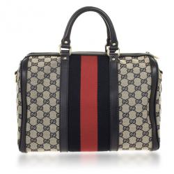 Pre Owned Gucci Navy Blue GG Canvas Vintage Web Medium Boston Shoulder Bag