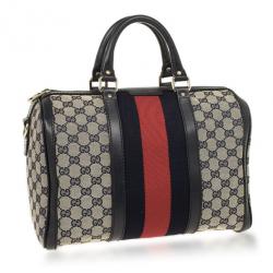 Pre Owned Gucci Navy Blue GG Canvas Vintage Web Medium Boston Shoulder Bag