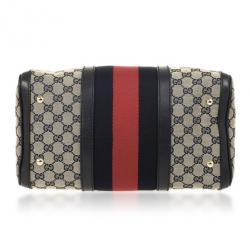 Pre Owned Gucci Navy Blue GG Canvas Vintage Web Medium Boston Shoulder Bag