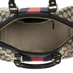 Pre Owned Gucci Navy Blue GG Canvas Vintage Web Medium Boston Shoulder Bag