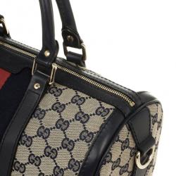 Pre Owned Gucci Navy Blue GG Canvas Vintage Web Medium Boston Shoulder Bag