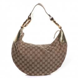 Pre Owned Gucci Brown GG Canvas Gold Bamboo Ring Hobo Bag
