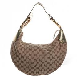 Pre Owned Gucci Brown GG Canvas Gold Bamboo Ring Hobo Bag