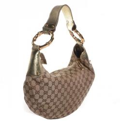 Pre Owned Gucci Brown GG Canvas Gold Bamboo Ring Hobo Bag