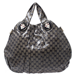 Pre Owned Gucci Navy Blue/Beige GG Crystal Canvas Large Hysteria Hobo