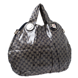 Pre Owned Gucci Navy Blue/Beige GG Crystal Canvas Large Hysteria Hobo