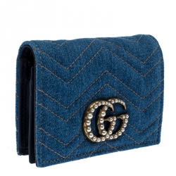 Gucci Blue Matelasse Denim GG Pearl Marmont Compact Wallet