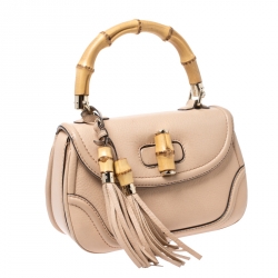 Pre Owned Gucci Beige Leather Bamboo Top Handle Bag