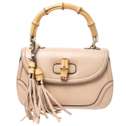 Pre Owned Gucci Beige Leather Bamboo Top Handle Bag