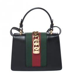 Pre Owned Gucci Black Leather Mini Sylvie Top Handle Bag