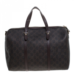 Pre Owned حقيبة غوتشي Joy Boston متوسطة جلد وكانفاس سوبريم GG بنية داكنة
