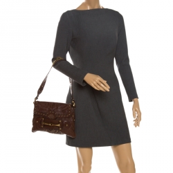 Pre Owned حقيبة كتف غوتشي Pelham Runway مرصعة جلد بنية