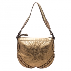 مملوكة مسبقًا Gucci Gold Embossed Leather Small Studded Pelham Hobo