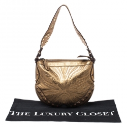 مملوكة مسبقًا Gucci Gold Embossed Leather Small Studded Pelham Hobo