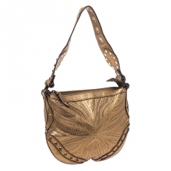مملوكة مسبقًا Gucci Gold Embossed Leather Small Studded Pelham Hobo