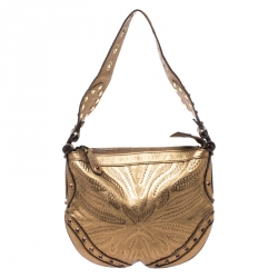 مملوكة مسبقًا Gucci Gold Embossed Leather Small Studded Pelham Hobo