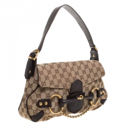 Pre Owned Gucci Beige/Brown GG Canvas and Leather Horsebit Shoulder Bag