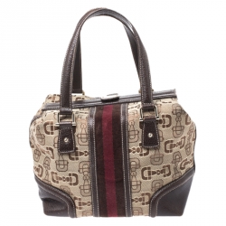 Pre Owned Gucci Beige/Brown Horsebit Canvas and Leather Small Treasure Boston Bag