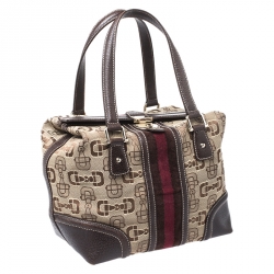 Pre Owned Gucci Beige/Brown Horsebit Canvas and Leather Small Treasure Boston Bag