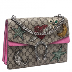 Pre Owned حقيبة كتف غوتشي Dionysus  مزخرفة كريستال سويدي وكانفاس سوبريم GG بيج/ وردية