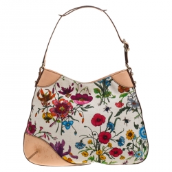 Pre Owned Gucci Beige Floral Canvas and Leather Hasler Horsebit Hobo