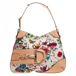 Pre Owned Gucci Beige Floral Canvas and Leather Hasler Horsebit Hobo