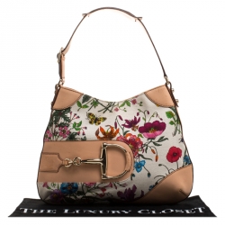 Pre Owned Gucci Beige Floral Canvas and Leather Hasler Horsebit Hobo