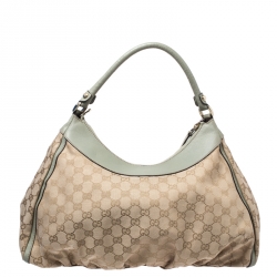 Pre Owned Gucci Beige/Mint Green GG Canvas Large D Ring Hobo